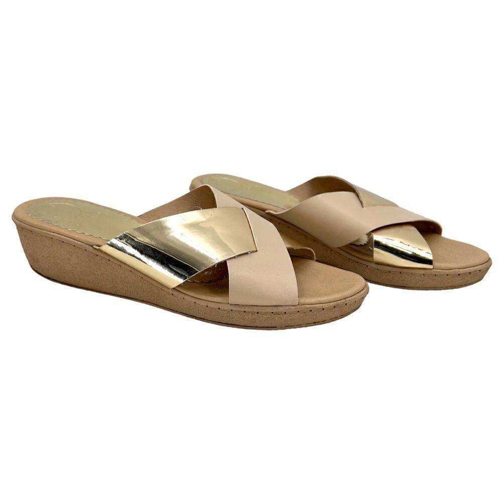 Sary Metallic Gold and Beige Tan Open Toe Wide Strap Slide Sandal Size 7